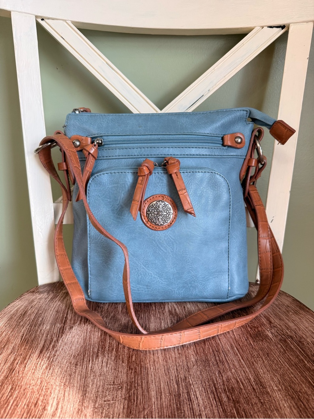 Bueno Blue Crossbody Shoulder Bag with Brown Trim